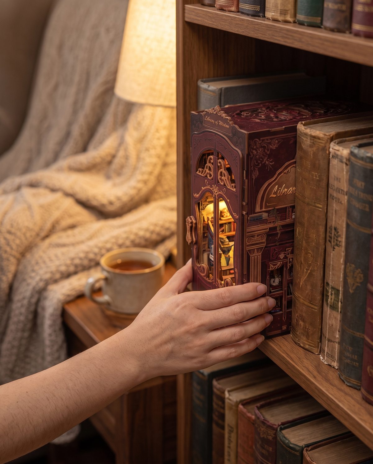 Hand stellt die Book Nook Bibliothek ins Bücherregal
