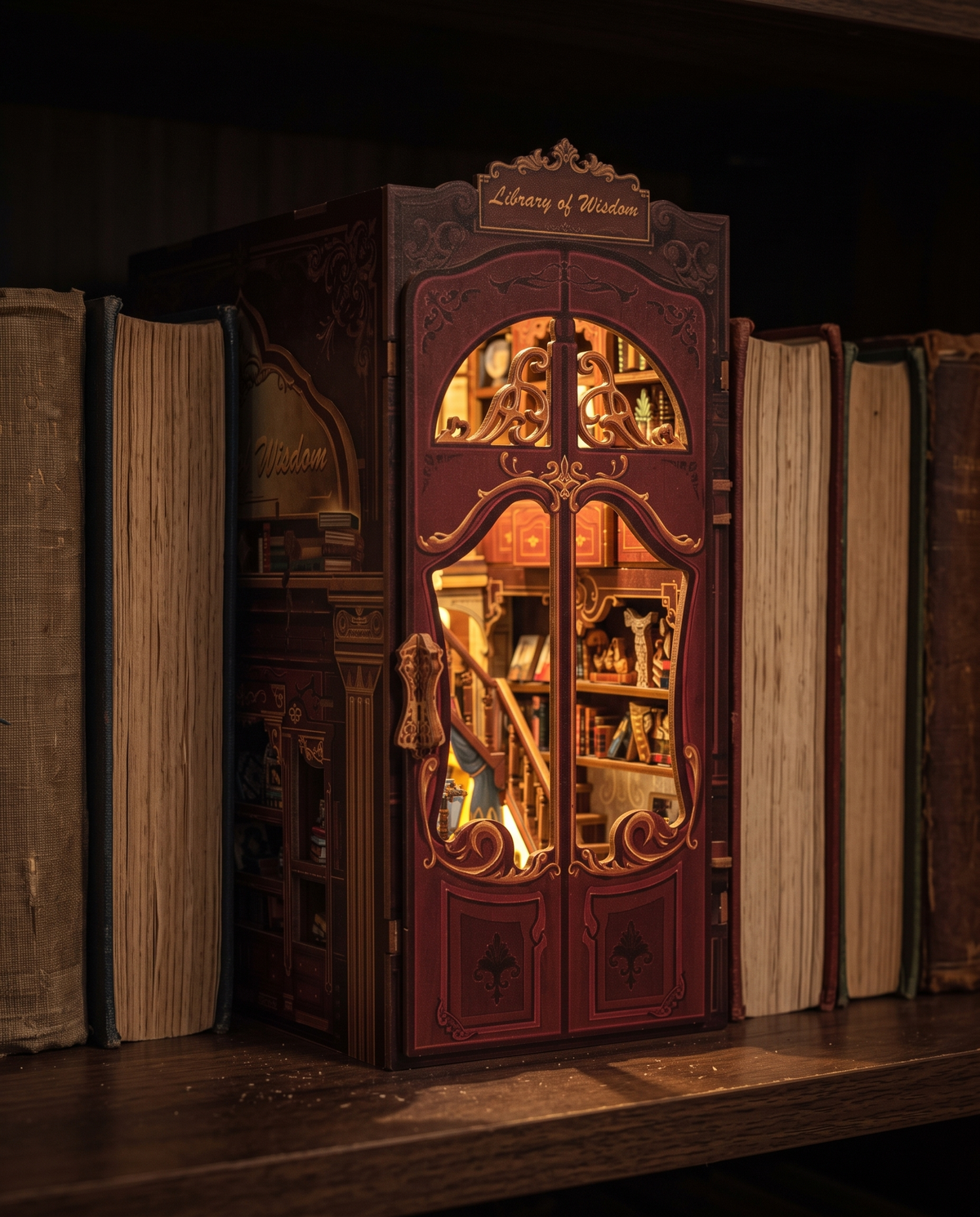 Book Nook Bibliothek leuchtet nachts im Regal