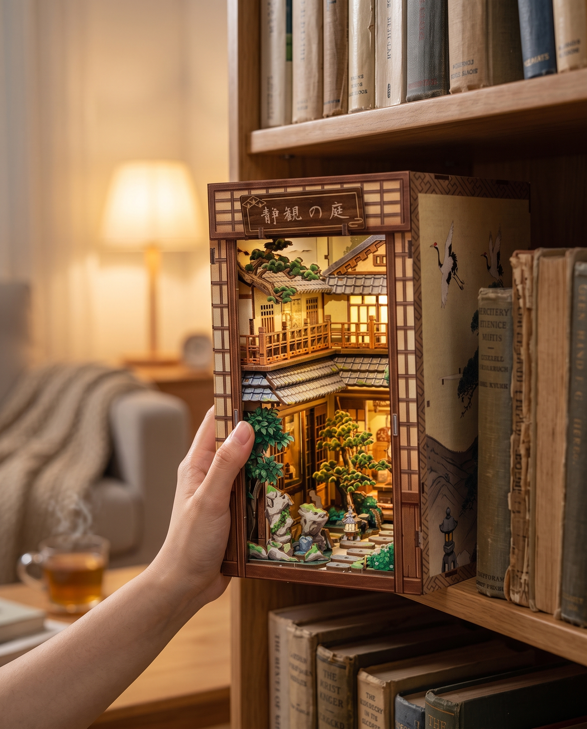 Hand stellt den Book Nook Japan-Hof ins Bücherregal