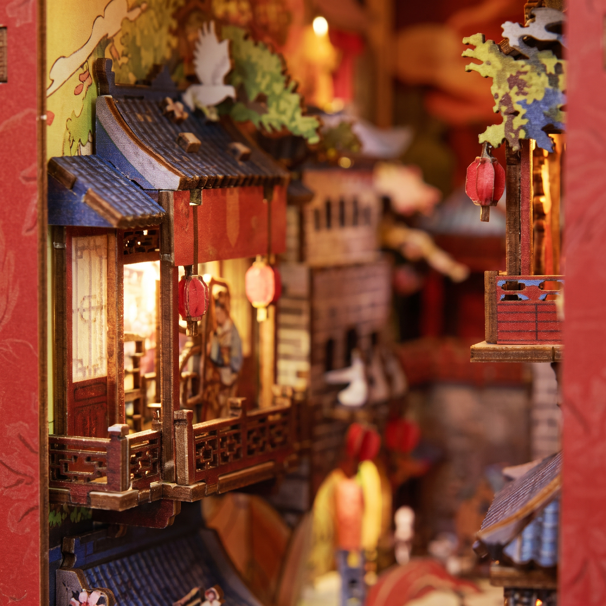 Detailansicht der Laternen und Balkone im Book Nook China-Hof